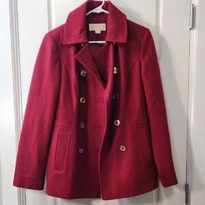 Michael Kors Red Double-Breasted Women's Pea Coat, Wool Blend, Size 6